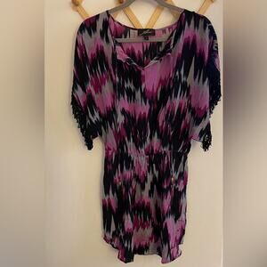 Akiko Tunic Dress Women's 100% SIlk Mini Cover Up Purple Black Small V Neck